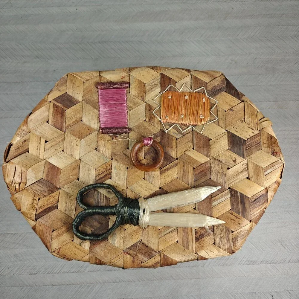 Vintage Handwoven Wicker Sewing Basket With Lid & Decorative Accents